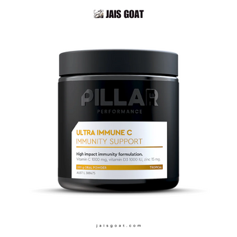 Jais Goat Pillar Ultra Immune C Tropical supplement bottle with label featuring Vitamin C, D3, and Zinc for immunity support