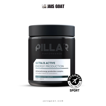 Jais Goat Pillar Ultra B Active supplement bottle with label for max energy and sharp focus, featuring colorful design and branding.