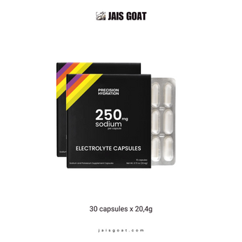 JAIS GOAT PF&H Precision Hydration electrolyte capsules, 250 count, close-up of white capsules in a clear container.