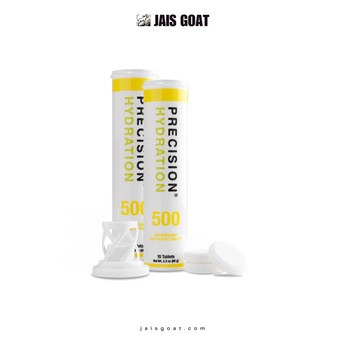 Jais Goat PF&H Precision Hydration Electrolyte PH 500 tablets in two blue tubs, showing the product packaging and label details.
