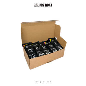 Ten packets of JAIS GOAT Precision Fuel PF&H 60g Carb Chew Original bars, showing individual chew bar packaging.