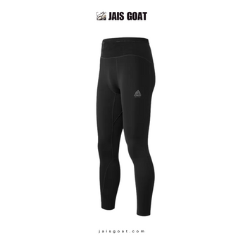 Men's athletic compression long pants by JAIS GOAT featuring a sleek black design and stretch fabric for active sports.