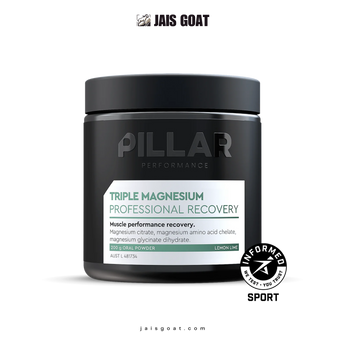 JAIS GOAT Triple Magnesium Powder Lemon Lime supplement in a clear container with a scoop, ready for mixing.