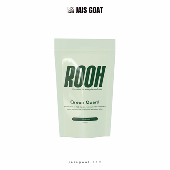 JAIS GOAT ROOH Green Guard superfood drink mix packet with vibrant green label and fresh ingredients displayed